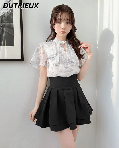 Japanese Lolita Black Skirts Women 2025 Spring Autumn New Radian Waistline Slim Short Pleated Skirt Female Mini Skirt Culottes