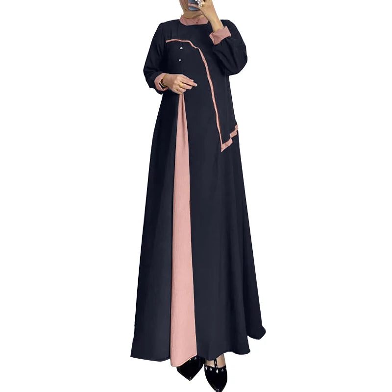 ZANZEA Women Autumn Patchwork Long Sleeve Maxi Dresses Muslim Turkey Abaya Dress Hijab Sundress Robe Femme Loose Vestidos Kaftan