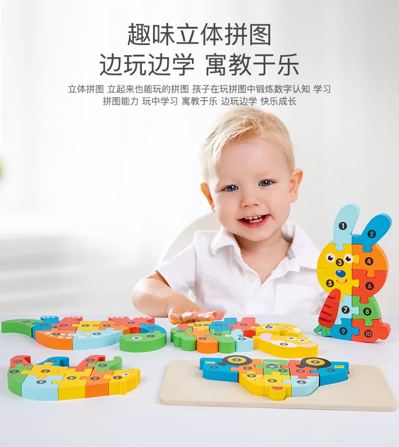 3D Stereoscopic Montessori Wooden Puzzle Cartoon Dinosaur Animal Shape Color Cognitive Educational Game Toy Kids Birthday Gift.