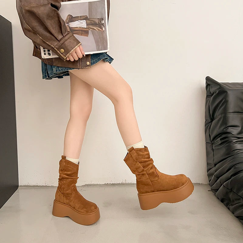 Chunky Platform Thick Sole Woman Ankle Boots Design Round Toe Slip On Shoes  2025 Autumn Winter Short Botas Para Mujer.