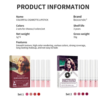 4 pcs/set Cigarette Lipstick Set Long Lasting Lip Glaze Matte Lip Gloss Waterproof Lip Stick Tube Nude Lip Tint Makeup Cosmetics