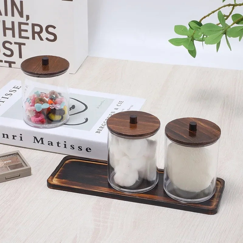 Transparent Acrylic round Wood Lid Cotton Swab Box Plastic Small Organizer Box Makeup Remover Cotton Storage Box Set.