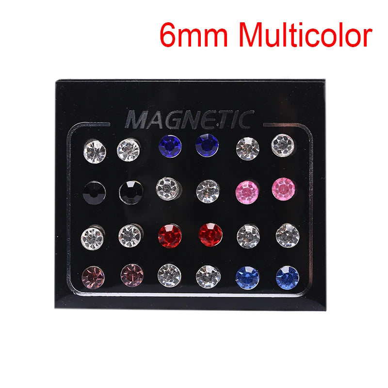 12 Pair(24pcs)/lot 3/4/5/6/7mm Round Crystal Rhinestone Magnet Stud Earring Punk Womens Mens Magnetic Fake Ear Plug Jewelry.