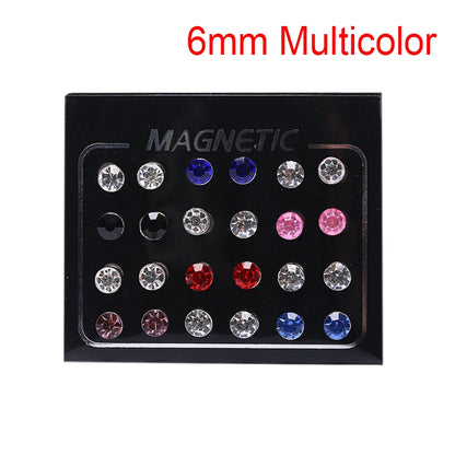 12 Pair(24pcs)/lot 3/4/5/6/7mm Round Crystal Rhinestone Magnet Stud Earring Punk Womens Mens Magnetic Fake Ear Plug Jewelry.