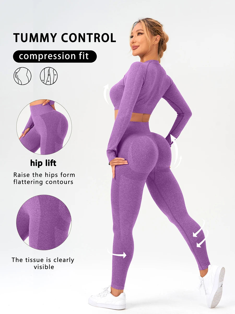 2 pcs/set Long Sleeve Yoga Leggings Set Sportswear Woman Gym Seamless Workout Outfit Yoga Clothes Womens Tracksuit Activewear.