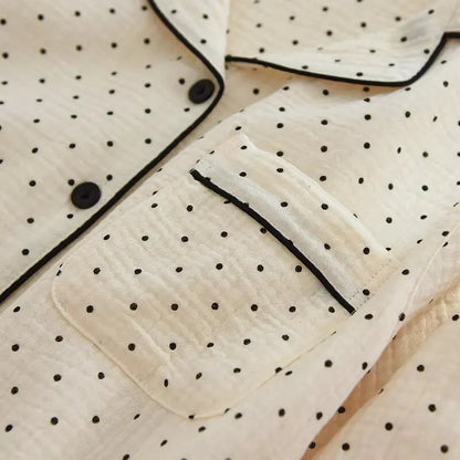 2025 Spring and Autumn New Women's Pajama Set 100%cotton crepe long-sleeved trousers two-piece polka dot cute home wear thin set.