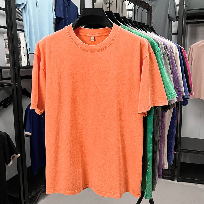 Personality washed vintage short sleeve T-shirt high-end 100% pure cotton men fashion round neck comfort lightweight casual top.