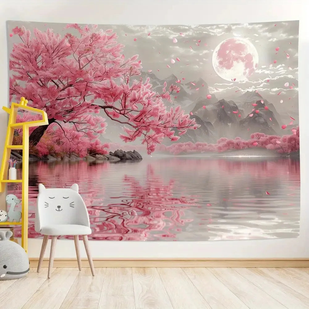Pink Cherry Blossom & Moon Tapestry - Japanese Landscape Wall Decor for Living Room & Bedroom.