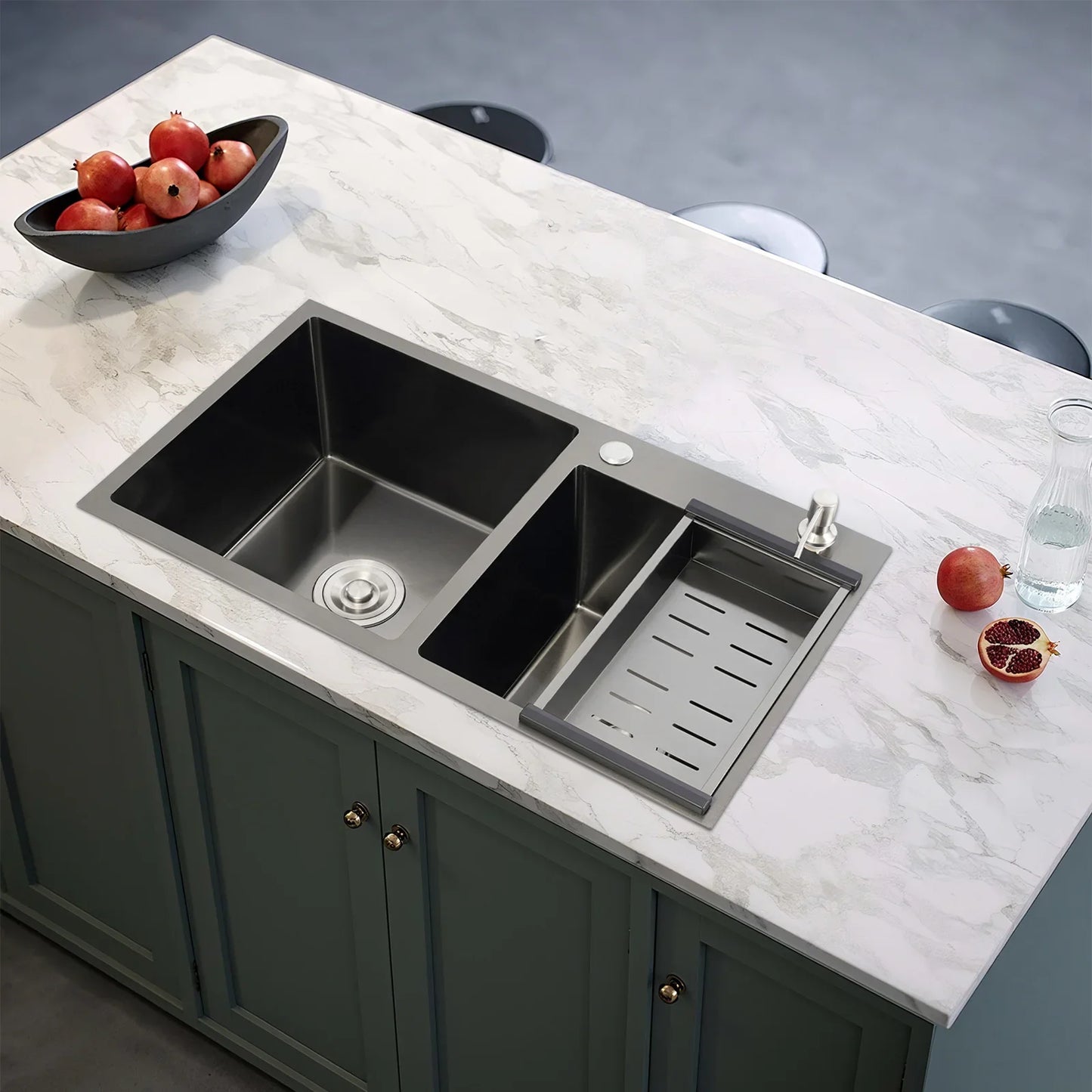 Rainaut Küchenspüle aus Edelstahl 304, Doppelschüssel-Einbaumkorb mit Abtropffläche + Seifenspender, rechteckige Spüle, 78 x 43 x 22 cm