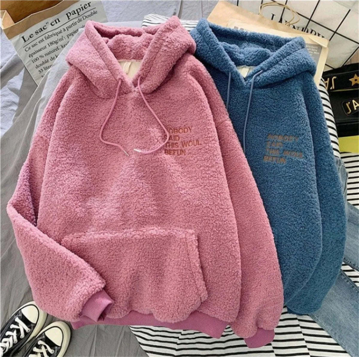 Autumn Winter Fashion Hooded Sweatshirt Women Korean Loose Solid Letter Tops Long Sleeve Warm Outfit Hoodie Lady Casual Street.