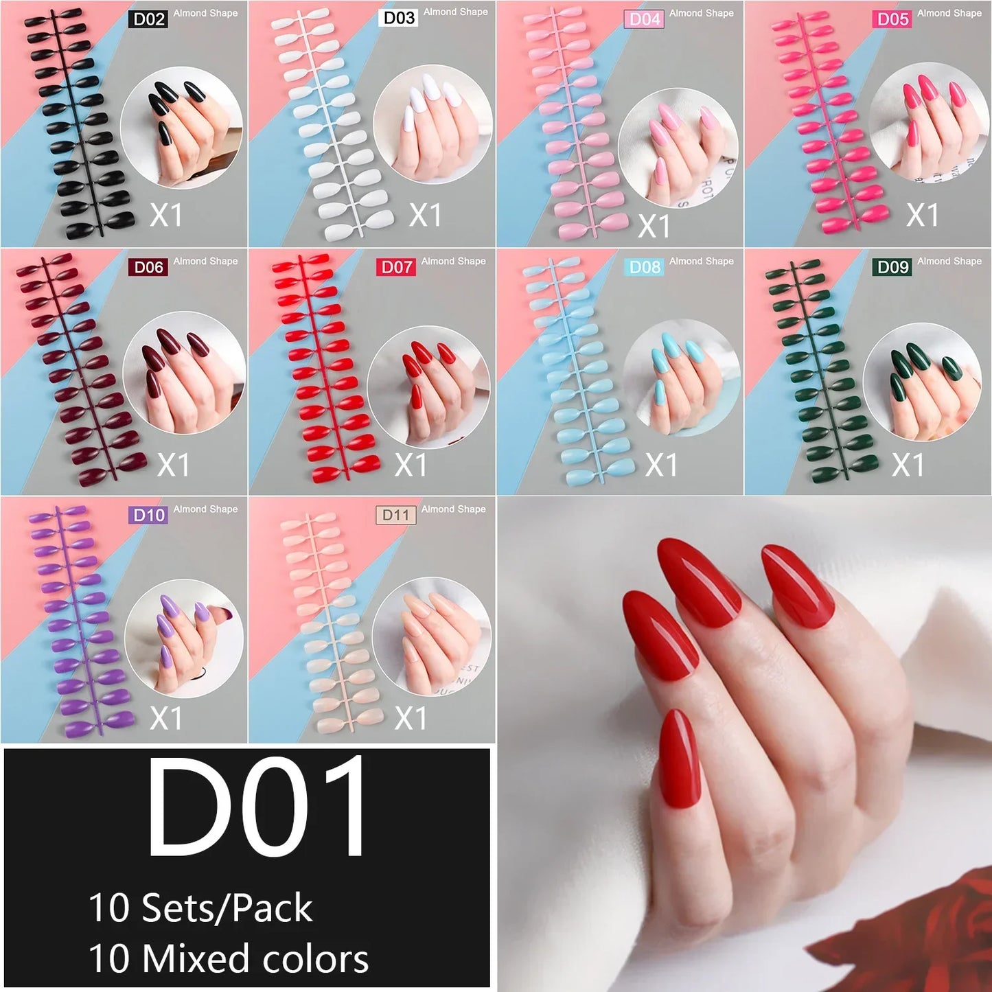 10 Sets/Pack Mixed Solid Colors Coffin Round Square Almond Shape False Nails Full Cover Nail Tips Short Fake Nails Tip Manicure