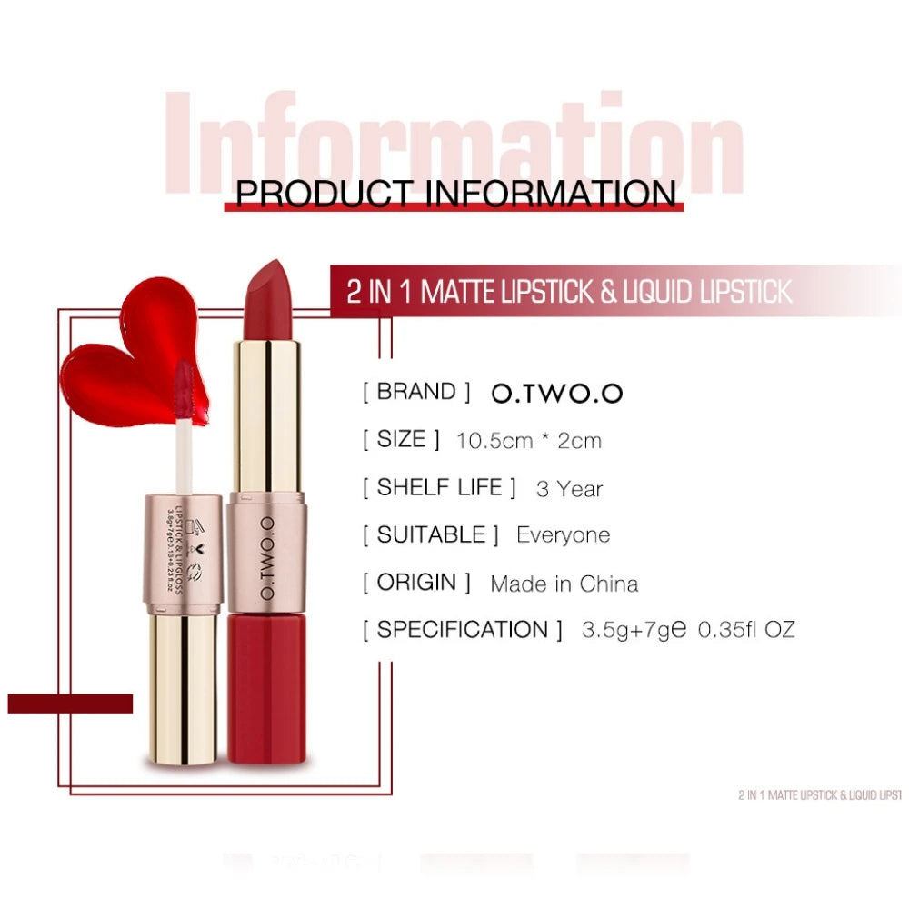 O.TWO.O 2 IN 1 Matte Lipstick&Liquid Lipstick 12 Colors Makeup Lip Glaze Waterproof Batom Lip Cosmetics Silky Texture.