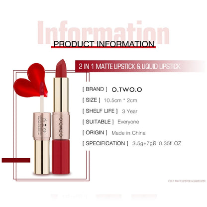 O.TWO.O 2 IN 1 Matte Lipstick&Liquid Lipstick 12 Colors Makeup Lip Glaze Waterproof Batom Lip Cosmetics Silky Texture.