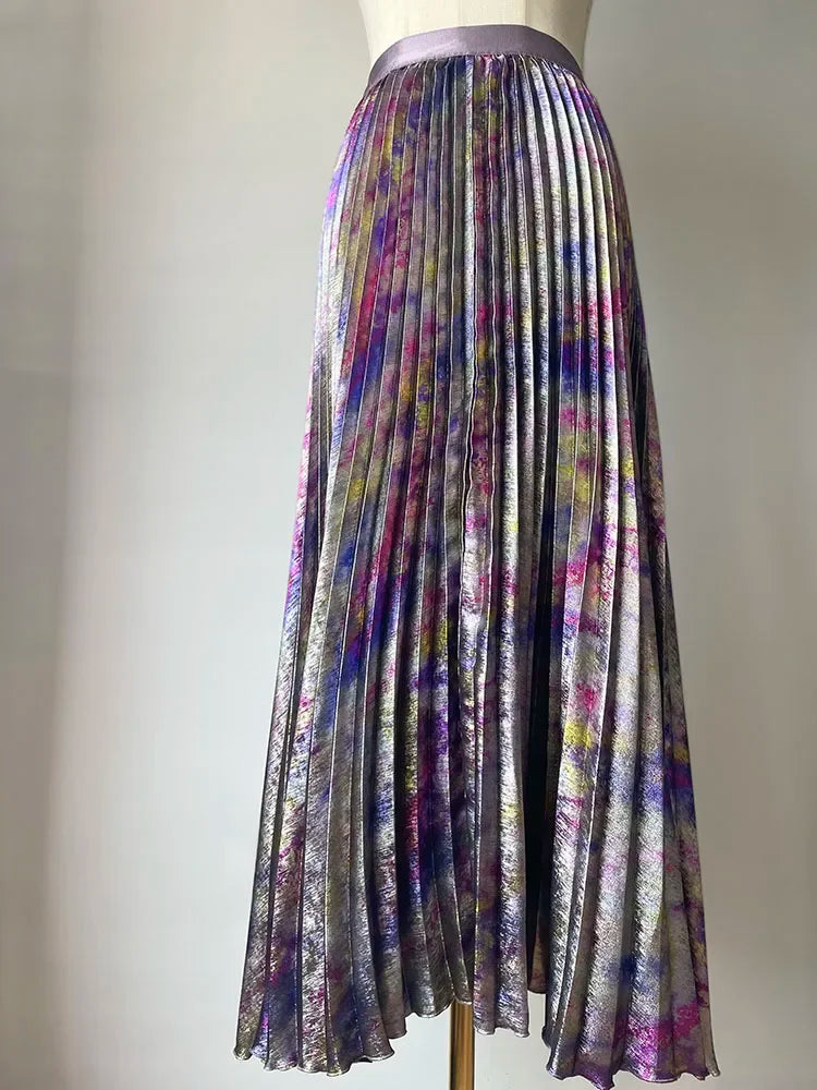 Shiny Colorful Luxury High Waist Metallic Pleated Midi Skirt 2025 Fashion Trends Elastic Waistband Pleated Skirt Old Money Style.