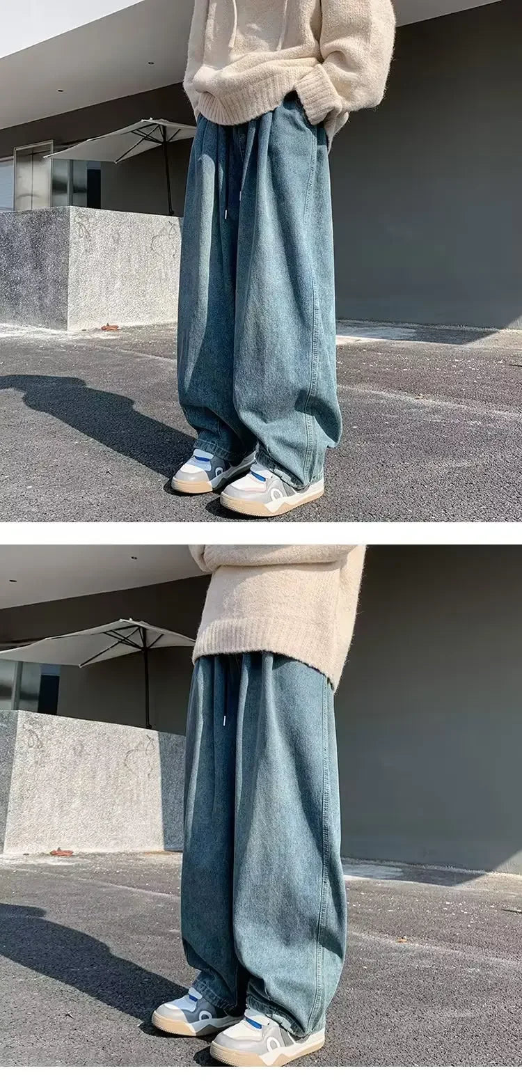 2024 New Trendy Wide-Leg Jeans Men's Loose-Fit Straight-Leg Casual Long Pants Vintage Washing Distressed Style.