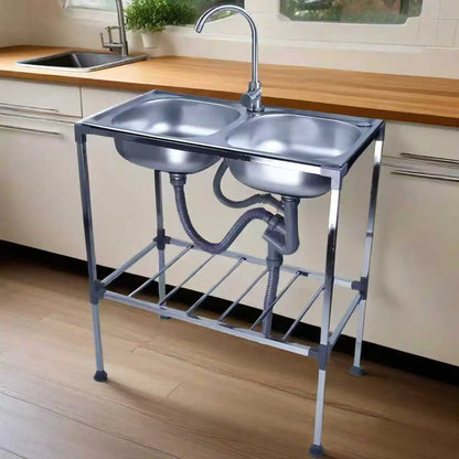 Edelstahlspüle, freistehendes Doppelschüssel-Küchenspülbecken mit Wasserhahn, Warm- und Kaltwasserrohr, Silber 75 * 40 * 83 cm