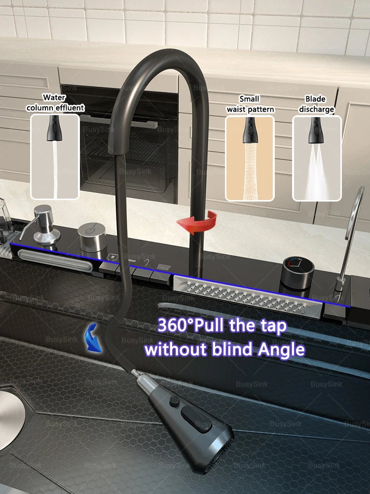 Extra Large Single Bowl Stainless Steel Waterfall Kitchen Sink Digital Display Multifunctional Household Vegetable Washing Sink