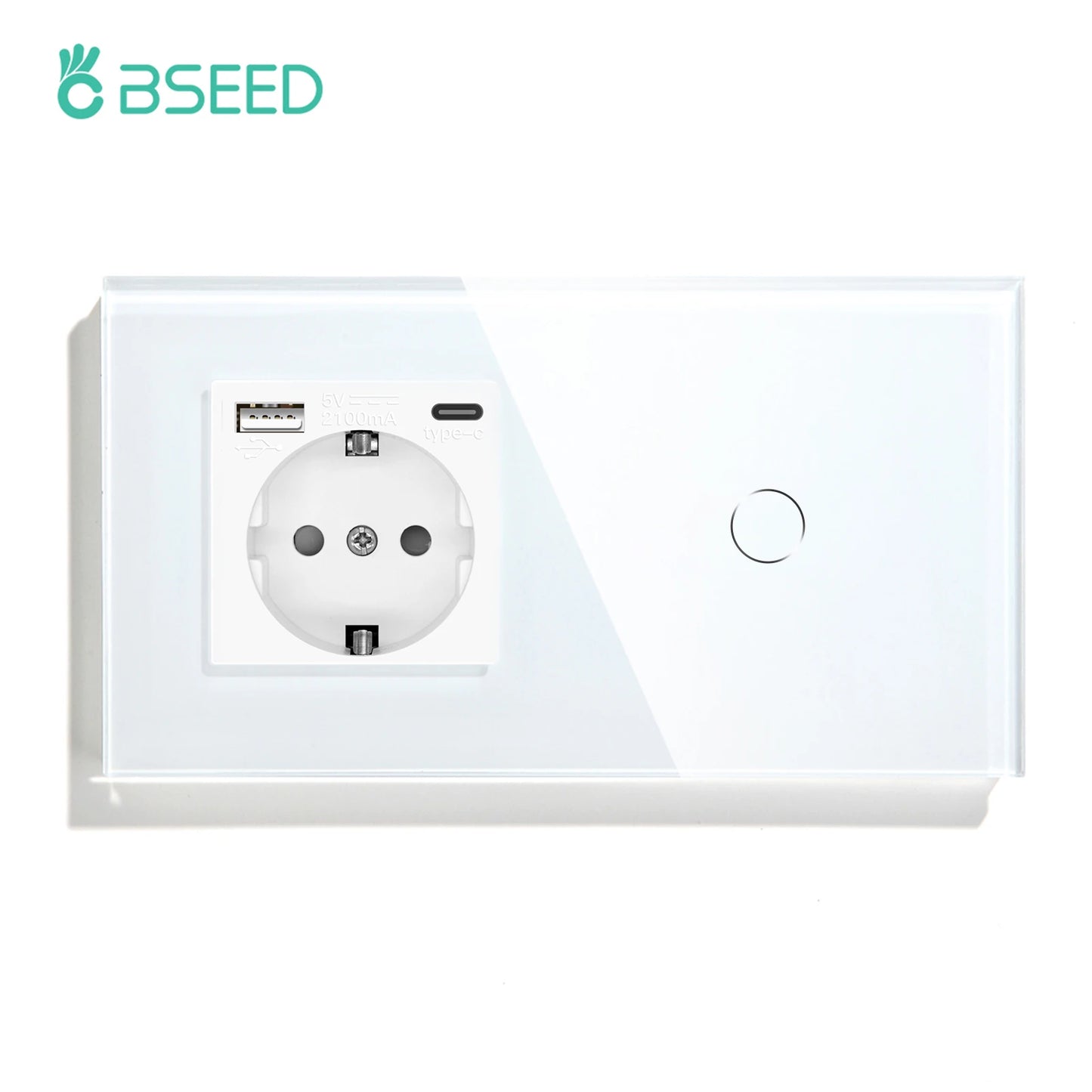 BSEED Touch-Lichtschalter mit EU-Stromsteckdosen, weiße Wand-LED-Schalter, 1/2/3 Gang, 1-Wege-Kristallglas-Panel, dunkle Hintergrundbeleuchtung