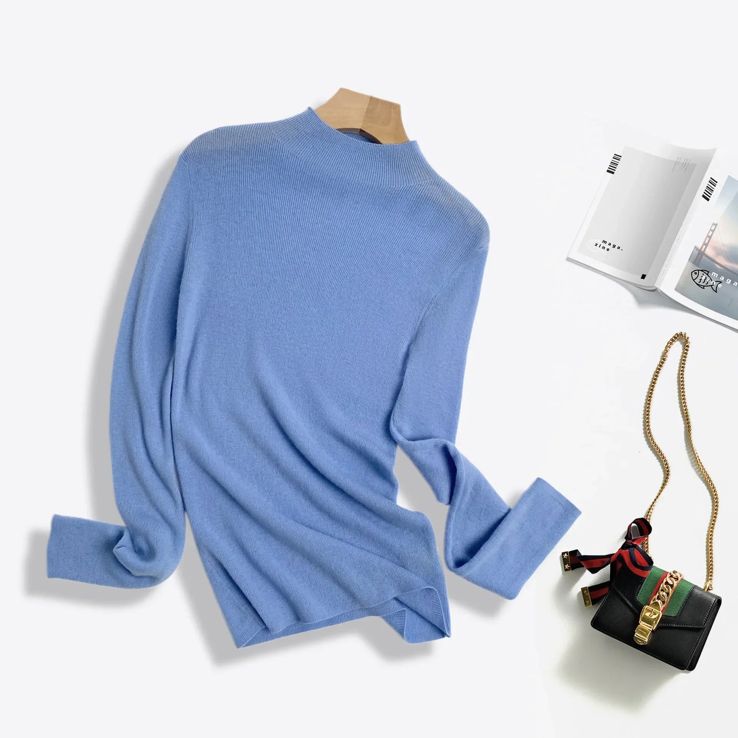 100% Ultra-fine Merino Wool Sweater Autumn and Winter Loose and Simple Semi-turtleneck Wool Bottoming Shirt Multi-color Sweater