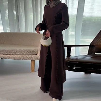 Two Piece Set Women Long Robe Top Wide Leg Pants Suit Ramadan Morocco Dubai Islam Casual Ensemble Femme Muslim Arabic Outfits.