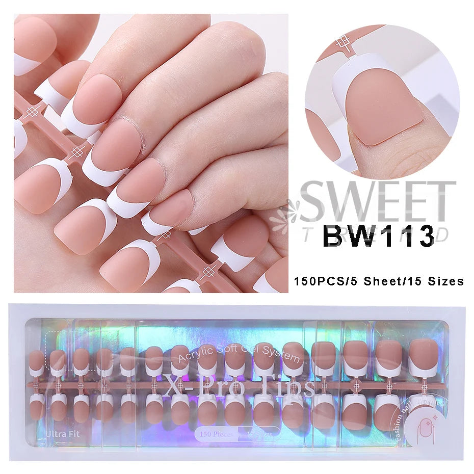160pcs White Pink French Fake Press on Fake Nails Tips Short Square Full Cover Artificial Acrylic Fake Toenails For Nail Salons.