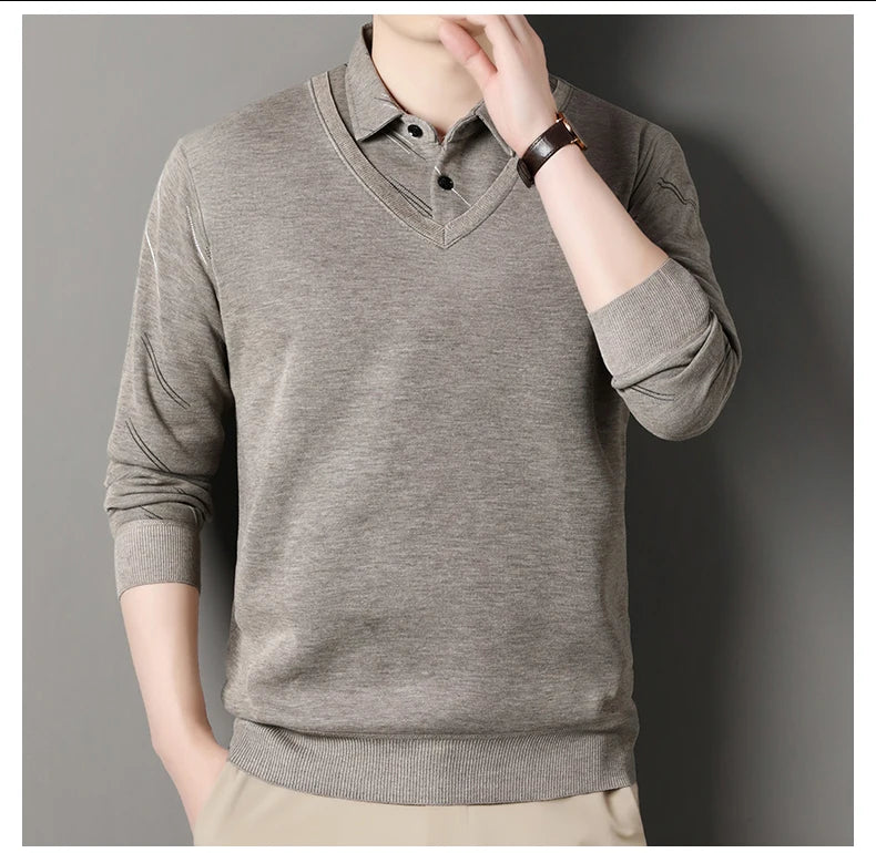 Men's Fleece Lining Sweater Autumn Winter Pullover Polo Shirt Collar Fake Two Piece Thick Warm Top Clothes Casual Knitwear.