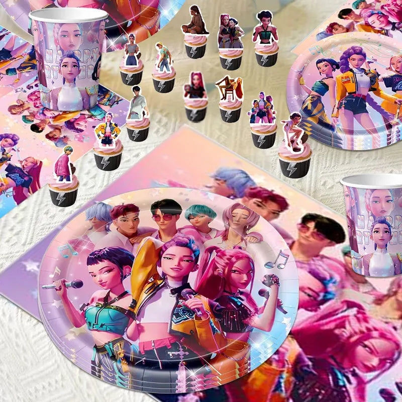 Kpop Demon Hunter Geburtstag Party Dekoration Geschirr Thema für Mädchen Event liefert Kuchen Topper Candy Box Teller Tassen Servietten.