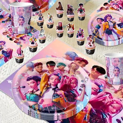 Kpop Demon Hunter Geburtstag Party Dekoration Geschirr Thema für Mädchen Event liefert Kuchen Topper Candy Box Teller Tassen Servietten.