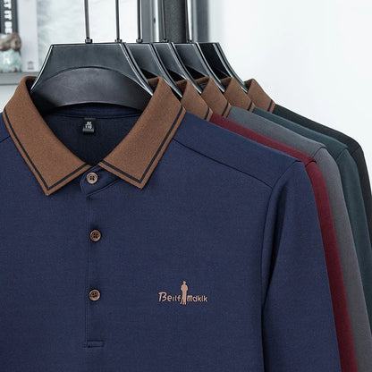 Men's Polo Shirt Long Sleeve Luxury Brand Autumn Winter Lapel Collar Button Business Casual Classic Office Warm T-shirt Menswear.