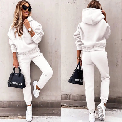 Autumn Winter New Solid Color Long Sleeve Hoodie Women's Casual Suit Fashion Loose Sports Hoodie + Small Foot Pants 2 Piece Set.
