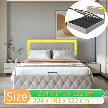 Creahappy Polsterbett – Doppelbett – verstellbares Kopfteil mit Hydraulikverschluss, Premium-Samtstoff – Beige