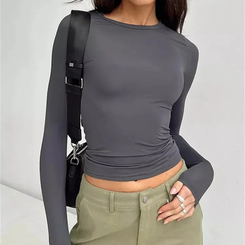 Women's Long Sleeved T-Shirt Spring And Autumn Solid Color Slim Fit Pullover Women's Basic T-Shirt Y2k Clothes Street Wear.
