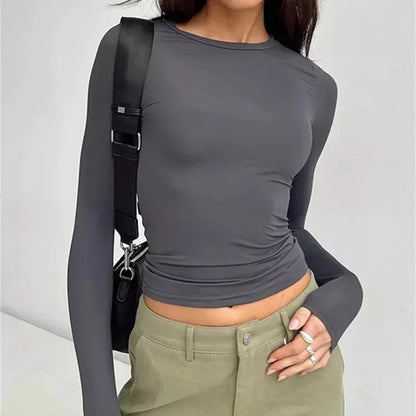 Women's Long Sleeved T-Shirt Spring And Autumn Solid Color Slim Fit Pullover Women's Basic T-Shirt Y2k Clothes Street Wear.