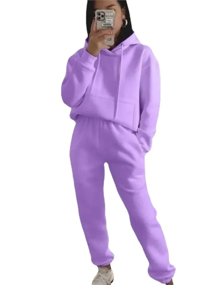 Women's Pocket Long-sleeved Hooded Sweatshirt Casual Set Autumn Winter New Solid Color Loose Sport Long Pants 2 Piece Set Female