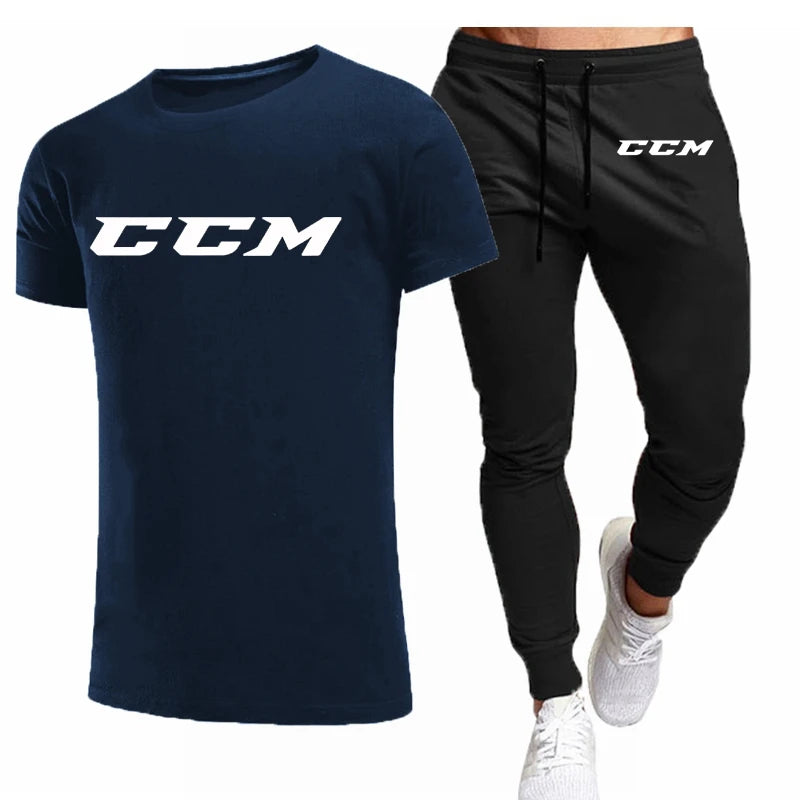 CCM New Men's Tracksuits summer men's sets fitness wear short-sleeved T-shirts+trousers set cotton brand Men's clothing.