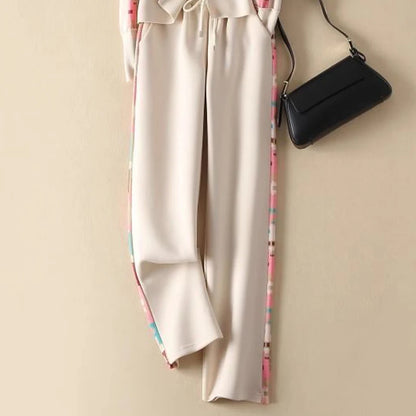 Frühling Herbst frauen Kleidung Set Gedruckt Doppel-Reißverschluss Jacke + hohe Taille Elastische Kordelzug Breite Bein Hosen Sport zwei-Stück Set