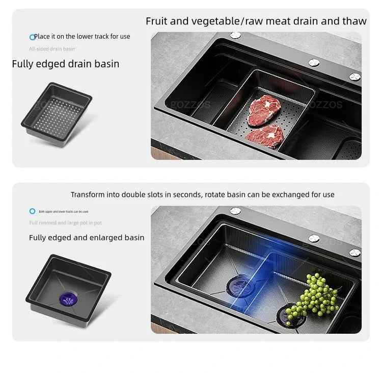 Black 304 Stainless Steel Kitchen Sink Household Multifunction Wash Dish and Vegetables Basin Large Single Slot Undermount Basin