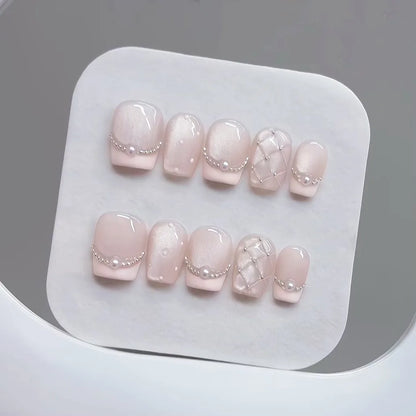 10pcs Handmade Press on Nails Plaid Pearl French Cat's Eye Aurora Fishtail Full Coverage Nail Tip for Women&Girl Removable Nail.