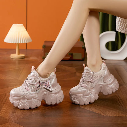 AUTUSPIN 10cm Pink Thick Soled Shoes for Summer Women Breathable Lace-up Ladies Sneakers Outdoor Casual Fashion Platform Shoes