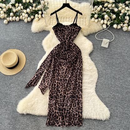 SINGREINY Sexy Party Langes Kleid Spaghettiträger Korsett Schlanke Spitze Patchwork Geraffte Mesh Rückenfrei 2025, Leopardenmuster Maxi-Sommerkleid.