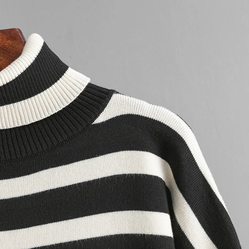 Muslim Women Knitting 2 Piece Sets Striped Sweater Pullover Top Wide Leg Pants Suit Outfits Knitwear Turtleneck Ensemble 2025.