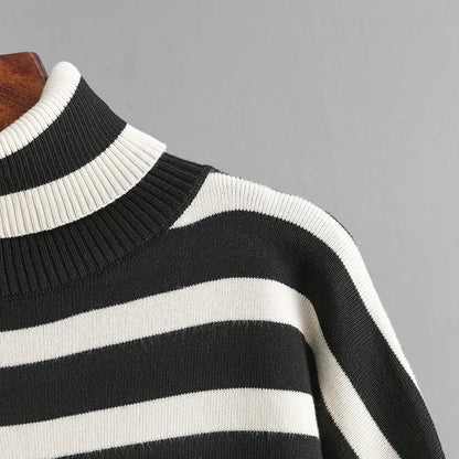 Muslim Women Knitting 2 Piece Sets Striped Sweater Pullover Top Wide Leg Pants Suit Outfits Knitwear Turtleneck Ensemble 2025.