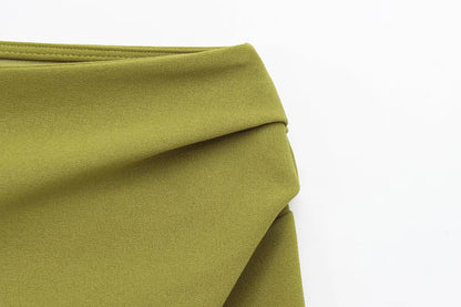 HH Women Fashion Solid 5-Color Asymmetrical Slant Collar Tops Female Spring Pleated Decoration Casual Slim Elasticity Top.