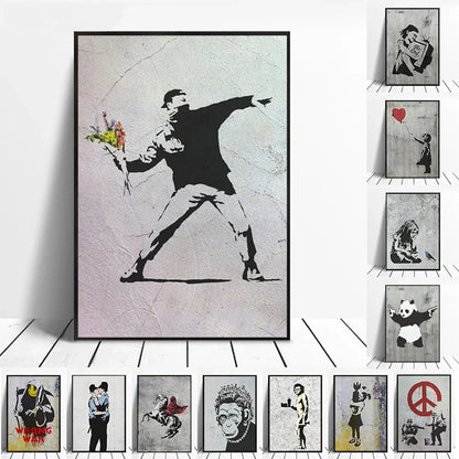 Banksy Graffiti Artwork Canvas Painting Prints Wall Art Pictures Girl with Red Balloon Black White Posters Nordic Home Decor.