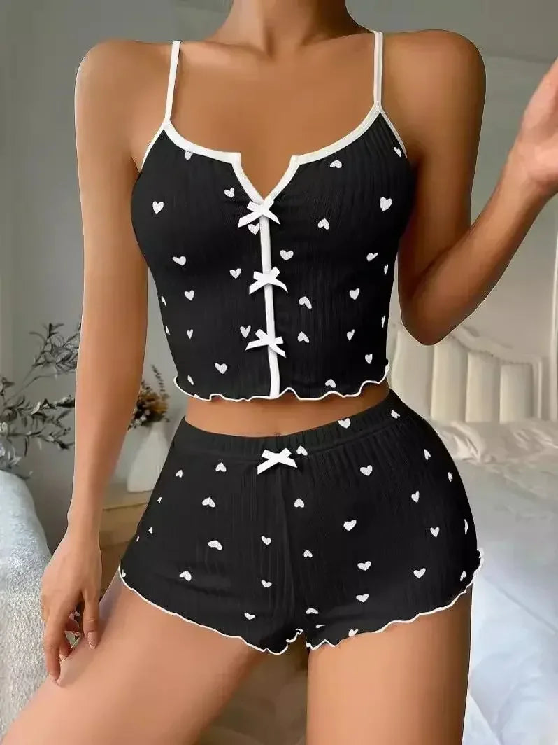 Nachtwäsche Frauen Pyjama Set Herz druck weichen gerippten Stoff mit flirty Rüschen besatz lässig Cami Top und Shorts Sets Lounge wear.