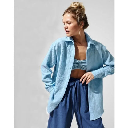 Muslin 100% Cotton Gauze Crepe For Women Shirts Blouse Turn Down Long Sleeve Single-Breasted Office Lady Loose Top Blusas Mujer.