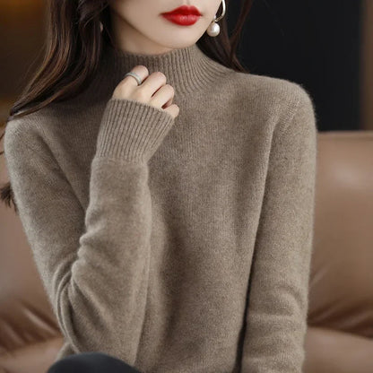 Herbst Winter Frauen Pullover Koreanische Mode Warme Bodenbildung Shirts Halb Hohe Kragen Grundlegende Strickwaren Solide Langarm Pullover