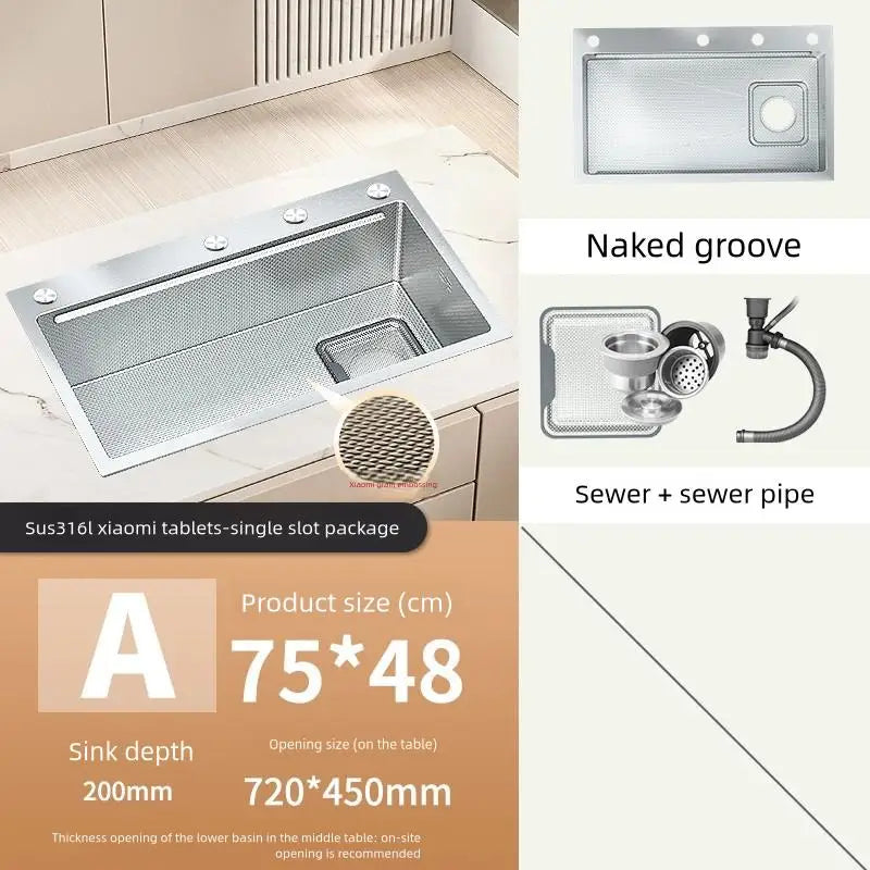 316L Stainless Steel Food Grade Large Single Slot Corrosion Resistant Household Kitchen Sink Wash Dish and Vegetable Basin