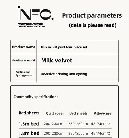 2025 new light luxury style high gram milk fleece 1.5m/1.8m bed four-piece printing warm bed sheet quilt cover.