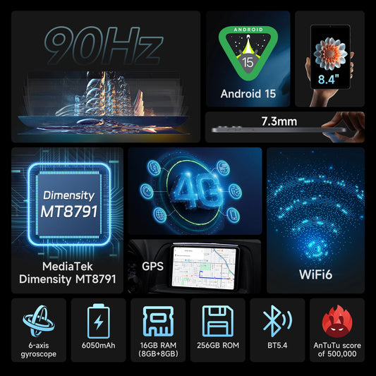 ALLDOCUBE iPlay70 mini Pro Tablet 8.4" 90Hz Display MT8791 16GB（8GB+8GB Virtual）RAM 256GB ROM 4G LTE 6050mAh Android15.